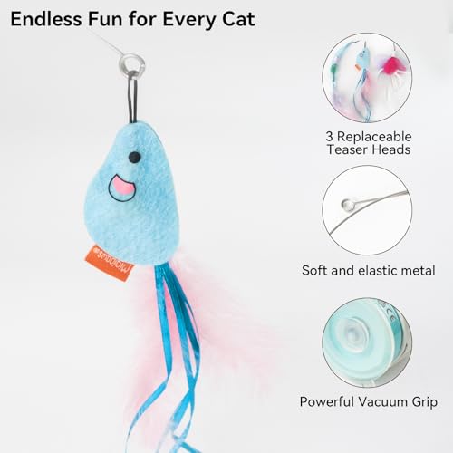 Migipaws Interactive Automatic Cat Teaser Wand Toy with Strong Suction Cup, 70cm Flexible Wire & DIY Bending Design, Rechargeable Cat Exercise Toy with Auto Timer for Indoor Cats (White) - style: White