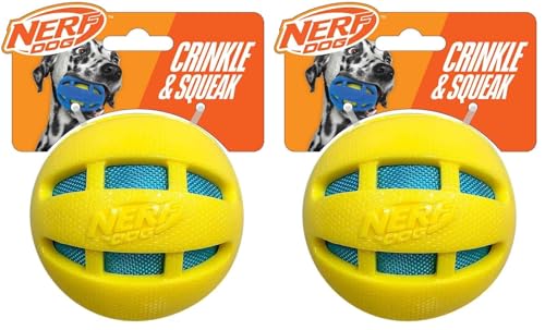Nerf Dog 3.8in TPR Checker Squeak and Crunch Ball Dog Toy - Yellow with Blue Crunch Bag (Pack of 2) - size: Pack of 2