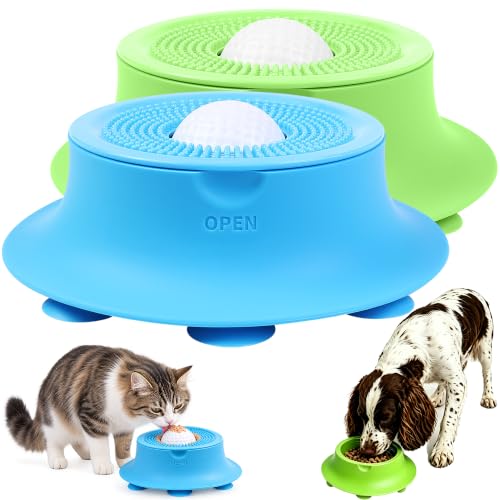 Slow Feeder Dog Bowl Lick Mat with Rolling Ball for Dog & Cat, Silicone - color: Blue+Green