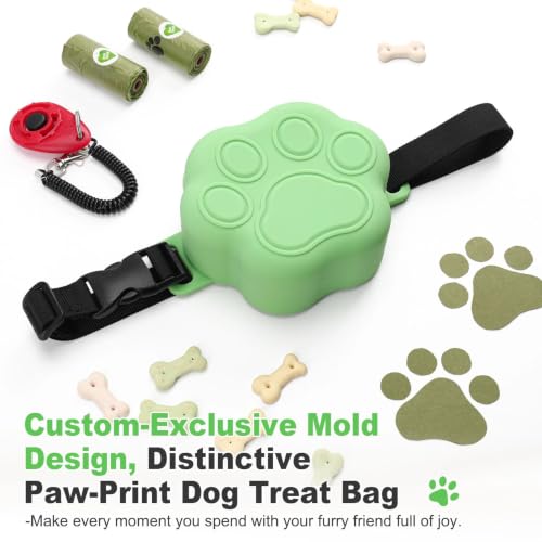 Dog Treat Pouch with Training Clicker and 2 Poop Bags, 1.8 Cup Small Sealable Zipper Silicone Fanny Pack with Waist Belt, Pet Puppy Training & Walking Essentials (Green) - color: Green
