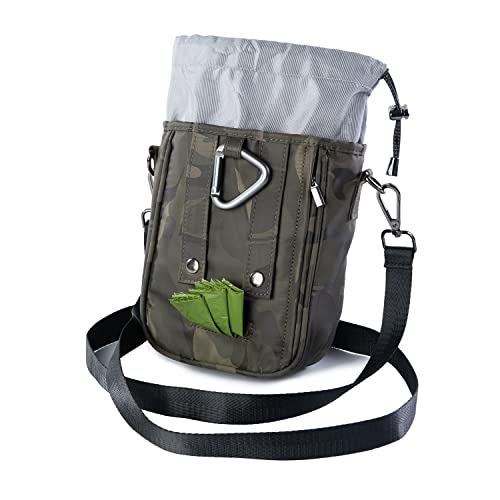 Dog Training Treat Pouch – Treat Bag for Dog Training with Built-in Poop Bag Holder – Waist Dog Training Pouch with Reflective Strips – Fanny Pack for Dog Training - color: Camo Green