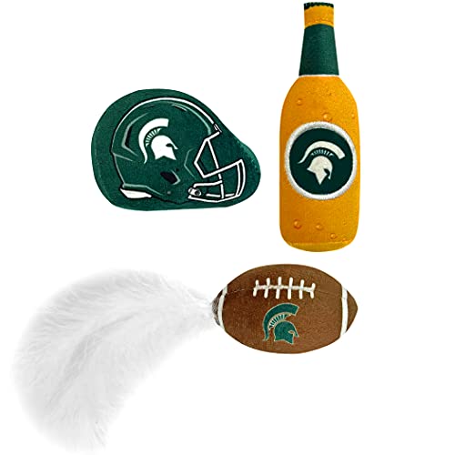BEST PLUSH CAT TOY: NCAA MICHIGAN STATE SPARTANS Complete Set of 3 piece Cat Toys filled with Fresh Catnip. Includes: 1 Helmet Cat Toy, 1 Football Cat Toy with Feathers & 1 Beer Bottle. With Team LOGO - color: MICHIGAN STATE SPARTANS