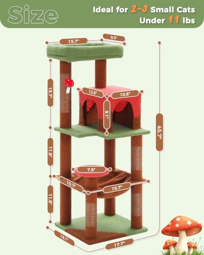 MUTTROS 45.7" Mushroom Cat Tree with Metal Hammock, 6 Tiers, Brown - color: Brown, size: 45.7in