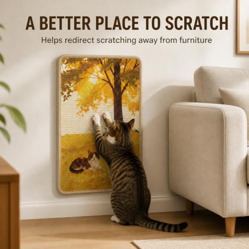 Sisal Cat Scratching Mat, Wall Mounted or Floor Scratch Pad, Non-Slip Backing with Adhesive Strips, Furniture Protector for Cats, Durable Natural Fiber, Low Shedding, 23.6 x 15.7 Inch