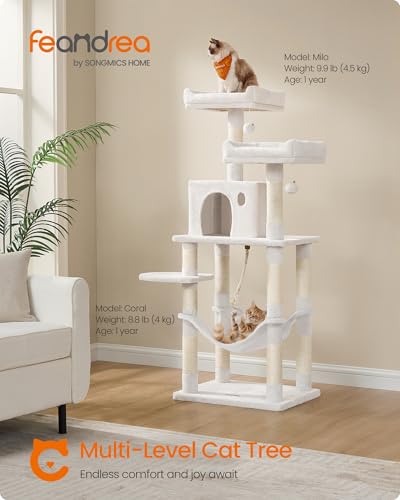 Feandrea Cat Tree, 55.8-Inch Tall Cat Tower Condo Indoor, Light Warm White - color: Cream White