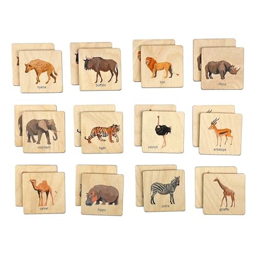 Wooden African Animals Memory Game, Safari Animals Montessori Toys, Wood Wild Animals Memory Game, Homeschool Activity, Toddler Gift, Nephew Gift, Birthday Boy Gift, Memory Tiles (4.5x4.5cm) - size: 1.8x1.8"(4.5x4.5cm), style: Safari Animals