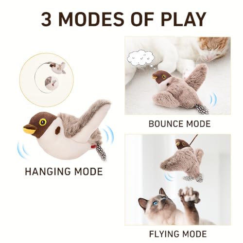 Flying Bird Cat Toy (Not a Flying Toy) – Flappy Bird Cat Toy with Flapping Wings & Chirping Sound, USB Rechargeable Motion-Activated Toy for Indoor Cats - color: Brown & White Bird