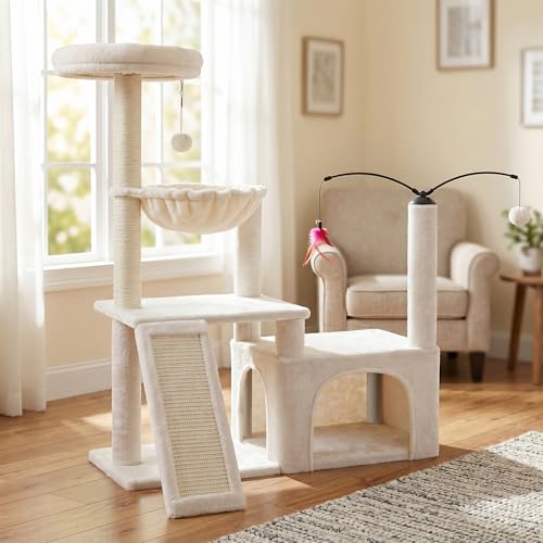 YUNIQUE Multi-Functional Cat Tree Tower, Big Cat Condo with Scratching Board, Rotating Toy & Deep Hammock, Luxury Perch Kitty Furniture for Indoor Cats (White) - color: 288 White