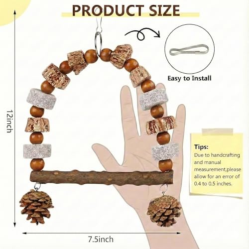 Natural Wood Bird Swing Toy for Parakeets Cockatiels, Parrot Hanging Perch with Chewing Pine Cones & Beak Grinding Pumice Stone, Bird Cage Accessories for Conure Lovebirds Budgies - Boredom Relief - color: Natural Wood-A