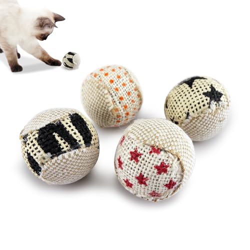 TTcat Canvas Burlap Cat Toy Balls, 4 Pack Natural Woven Linen Cat Play Balls, Durable Textured Kitten Chew Chase Toys, Lightweight Interactive Cat Ball Toys for Indoor Kittens & Cats.