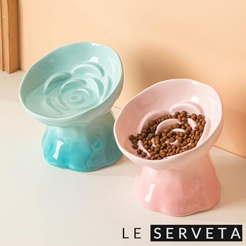 Elevated Ceramic Cat Bowl, Tilted Slow Feeder Pet Dish with Gradient Color Coating, 3.3 Ounces Capacity, Anti-Gulping Design with Rose Bouquet Design (Gradient Pink) - color: Gradient Pink