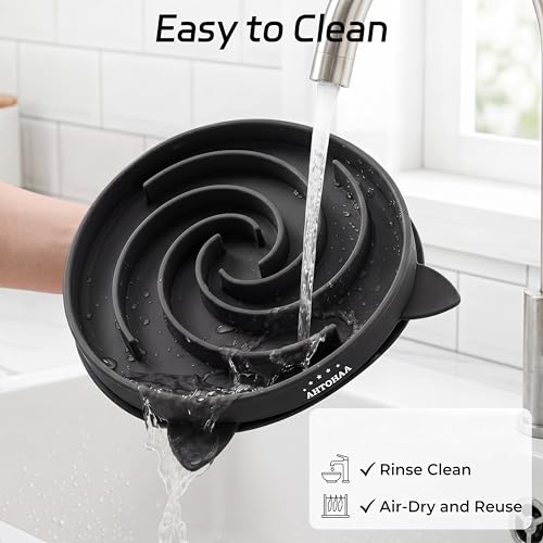 Slow Feeder Cat Bowl, Silicone Maze Design with Suction Base - color: Black