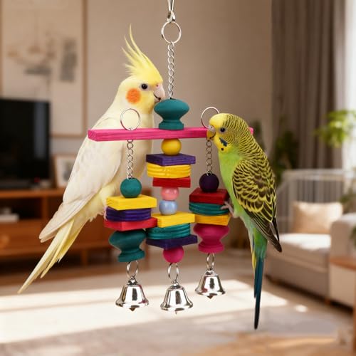 Hypeety Wooden Blocks Bird Chew Toys Natural Hanging Chewing Toy with Bells - color: Wooden Hanging Swing