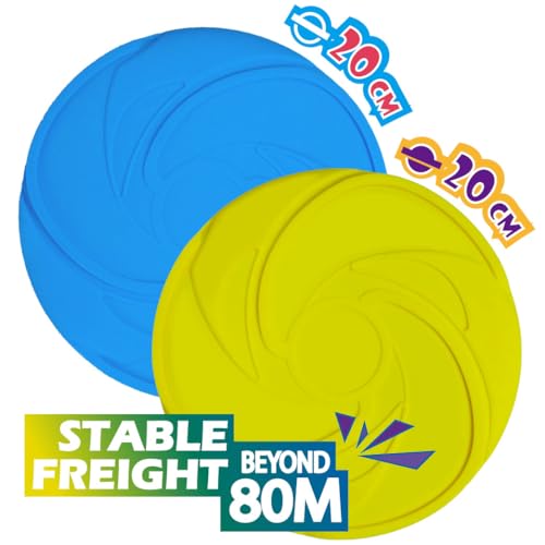 AMAZING TOYZ Dog Flying Discs 2 Pack Yellow and Blue Frisbee for Dog Toys, Soft Rubber Interactive Fetch Toy for Small Medium Large Dogs - Safe for Teeth and Chewers 20cm