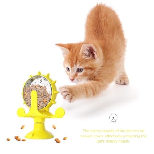 Cat Feeding Toy Rotating Windmill Treat Dispenser Interactive Pet Slow Food Toy with Food Leakage Hole Helps Slow Eating and .11 X 1.57 X 6.69 in - color: Yellow