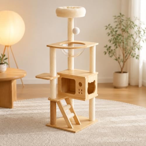 Wood Cat Tree Tower with Clear Bubble Window, Multi-Level Cat Condo with Scratching Posts, Ladder Top Perch Bed & Hanging Ball Toy, Indoor Activity Cat Furniture for Kittens Large Cats - color: （1）Natural+White + MDF