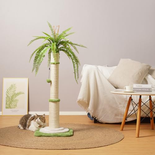 42" Tall Palm Tree Cat Scratching Post - Heavy Duty Coconut Cat Scratcher for Large Cats, Cute Green Sisal Rope Vertical Scratching Pole with Dangling Ball, Stable & Decorative Furniture (106cm)