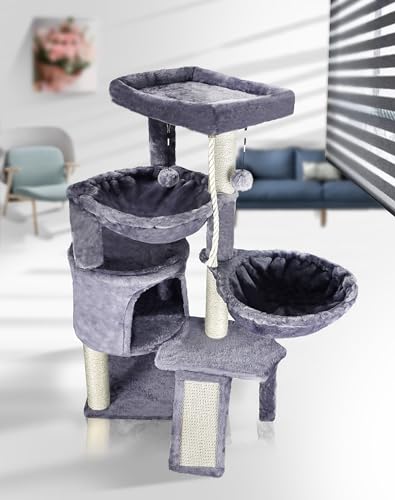 Three Layer Cat Tree with Cat Condo and Two Hammocks,Grey - color: Grey, size: Small