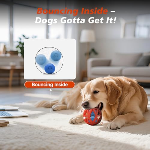 Interactive Dog Toy, Smart Jumping Bouncing Ball Inside Durable Rubber Shell, Automatic Moving Vibrating Ball for Medium/Large Dogs, Dog Enrichment Toy to Keep Them Busy (Red & Blue)