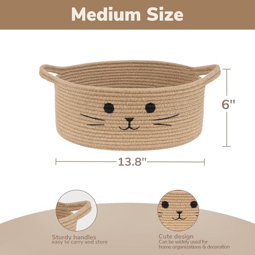 Medium Woven Rope Cat Toy Basket with Cat Face, Jute - color: Jute, size: 13.8"W x 6"H