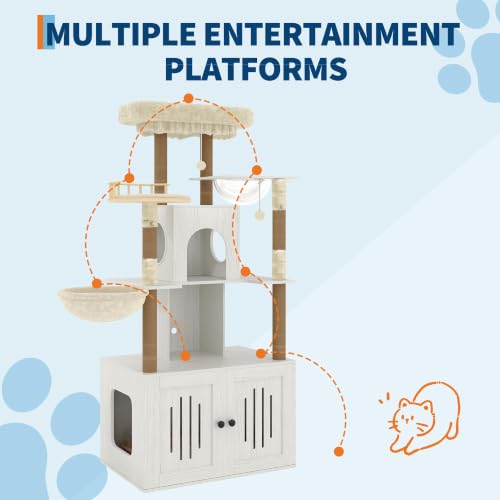 Cat Tree with Litter Box Enclosure, Multi-Level Cat Tower with Hidden Litter Box Furniture, Large Plush Top Perch, Sisal Scratching Posts, Cat Condo & Hammock for Indoor Cats, Living Room, Retro White - color: Retro White