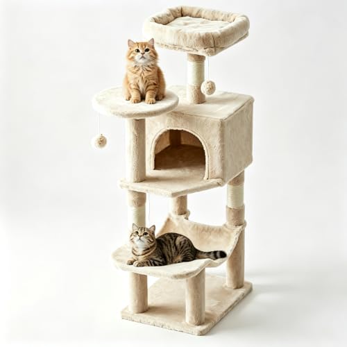 DUMOS Small 44 Inch Cat Tree Tower with Natural Sisal Scratching Posts - color: Beige, size: 43.6"×13.7"×17.7"
