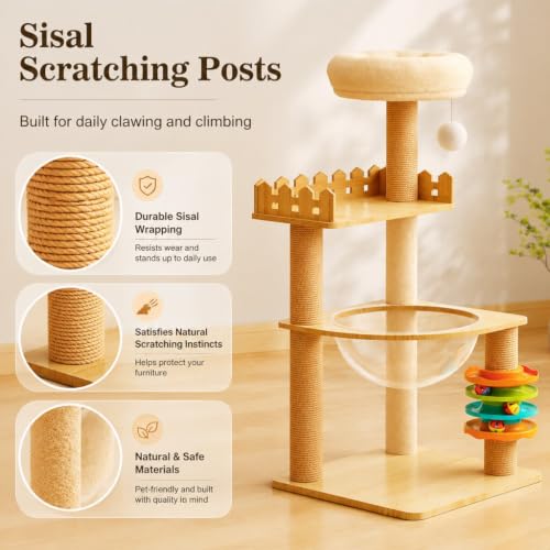 39.3" Modern Wood Cat Tree Tower for Indoor Cats, Multi-Level Cat Condo with Castle Perch, Acrylic Hammock, Sisal Scratching Posts & Toy, Cat Activity Tree for Small & Large Cats - color: Style F