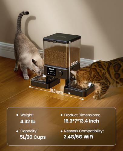 oneisall 5G WiFi Automatic Cat Feeder for 2 Cats, App Control, 20 Cups/5L - color: Black