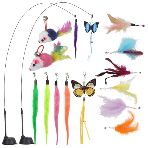 Suction Cup Cat Toys,Interactive Cat Wand with 15Pcs (Feather, Mouse, Butterfly, Worm),Durable Cats Fishing Pole Toy for Indoor Kittens,Fun Stick Toy for Exercise&Play