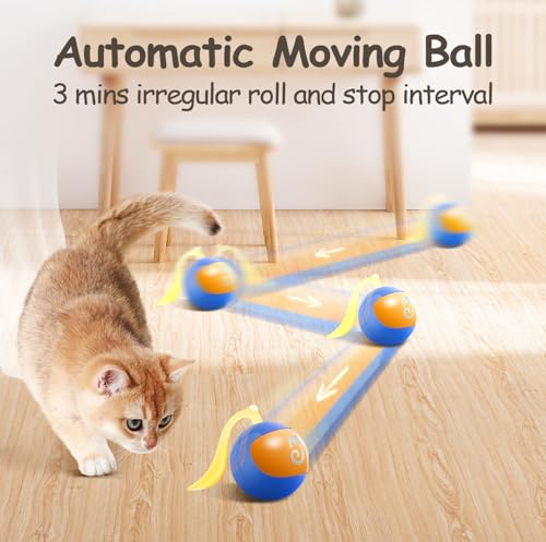 Migipaws 2-in-1 Interactive Cat Toy Ball – Paw Friendly Kicking Chasing Ball with Bonus Fluffy Tail for Indoor Cats Random Rolling Auto Escape Corners Tangle-Free Quiet USB Rechargeable (Blue) - color: Blue