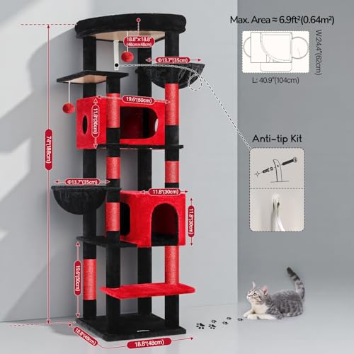 Globlazer 74in Gothic Heavy Duty Cat Tree Tower for Indoor Large Cats, S74 - color: Red Black