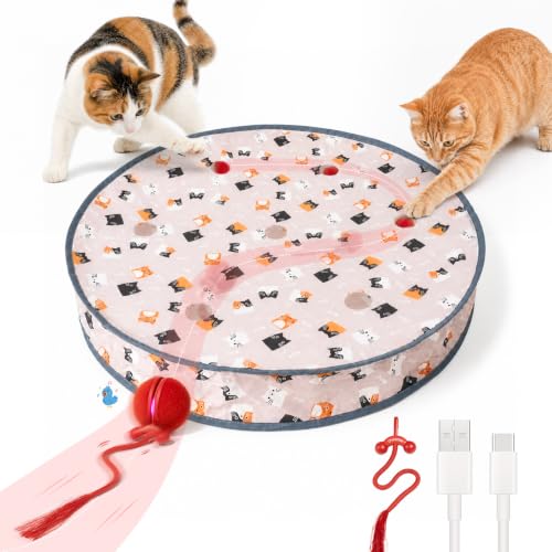 Cheerble Interactive Cat Toys 2 in 1, Automatic Moving Cat Ball with Tail & 7 Holes Play Mat, Hide and Seek Mouse Catching Game for Indoor Cats, Motion Activated Rechargeable Chirping Kitten Toys