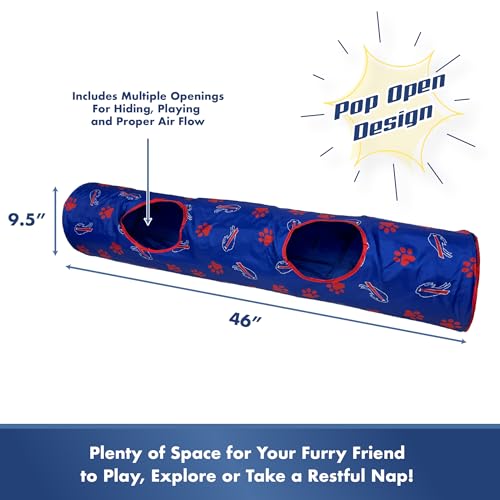 NFL Buffalo Bills Cat Tunnel Tube Toy with Plush Football Catnip and Feathers Collapsible Tunnel for Cats to Play, Peek and Hide, Sporty & Fun Cat Tunnel Toy with Team Logo All-Over Design! - color: Buffalo Bills