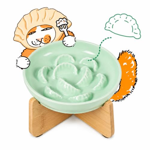 Elevated Slow Feeder Cat Bowl with Bamboo Stand, 6.3'' Ceramic Cat Food Bowl, Raised Whisker Friendly Cat Dish for Wet & Dry Food, Dishwasher Safe Anti-Slip Feeder for Cats & Small Dogs (Green) - color: Green with Stand