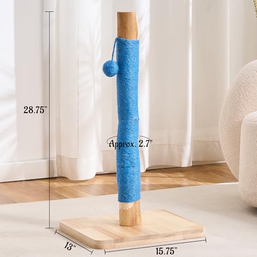 29" Tall Solid Wood Cat Scratching Post for Indoor Cats, Extra Stable Heavy Base, Natural Sisal Scratcher with Hanging Ball, Furniture Protector for Kittens & Adult Cats, Blue - color: Blue