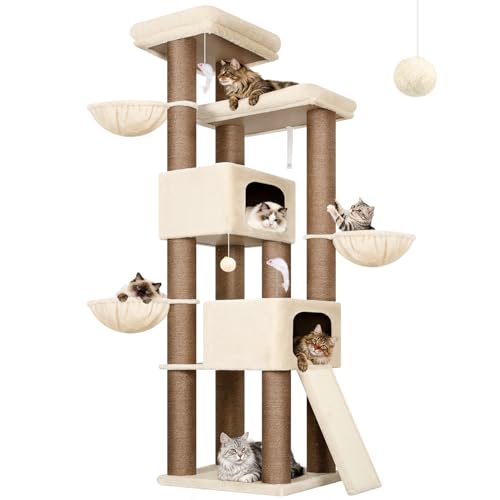Globlazer 84" Multi-Level Large Cat Tree Tower with Extra Thick Full Sisal Scratching Posts, 2 Cat Condos, 3 Hanging Baskets, 2 Extra Large Platforms & Cat Scratching Ramp,S84, Beige - color: Beige, size: 84 Inch