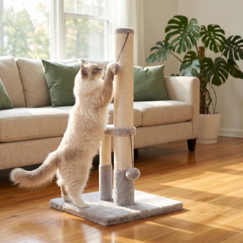 Dimaka Tall Cat Scratching Post, Double Lower Posts Extra Stable Cat Post Tree Scratcher with Sisal Rope and Teasing 4 Balls Total Large Base (Grey) - color: Grey