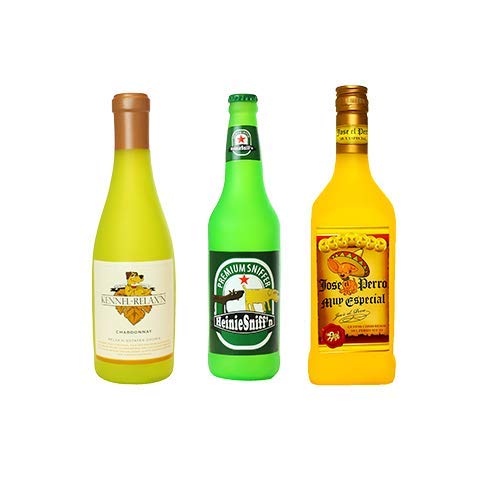SILLY SQUEAKERS Tuffy 3 Pack Wine Liquor Bottle Dog Toys: Squeaky Dog Toy, Washable and Floats, Vinyl Construction - color: Green HeinieSniff'n Yellow KennelRelaxin JosePero