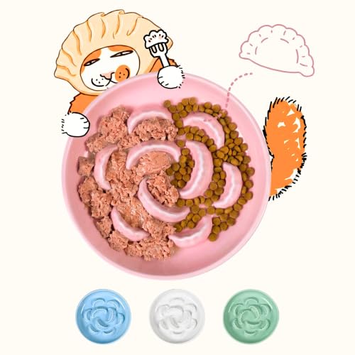 Ceramic Slow Feeder Cat Bowl, 6.2" Wide Shallow Whisker-Friendly Cat Plate for Wet & Dry Food, Cute Dumpling Maze Helps Slow Eating, Heavy Bowl with Non-Slip Pads, Microwave & Dishwasher Safe, Pink - color: Pink