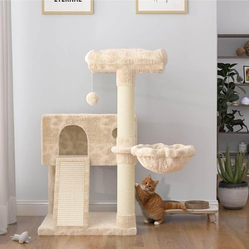 SHA CERLIN Cat Tree 36 Inches Cat Tower with Hammock, Sisal Scratching Post for Indoor Kittens, Small Room, Beige - color: BEIGE