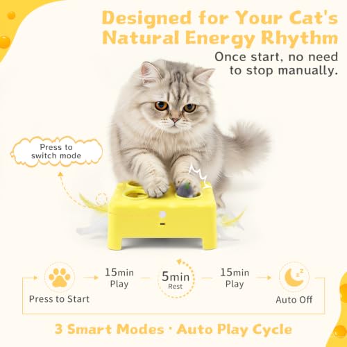 Interactive Cat Feather Toy Cheese Box 3in1 Whack a Mole - color: Yellow