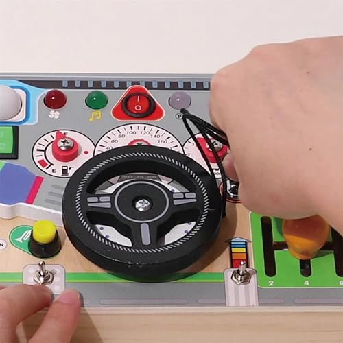 Wooden Montessori Busy Board for Toddlers 4-8 - Wooden Dashboard Steering Wheel Toy， Fine Motor Skill Development Toy for Kids 3-6， Educational Pretend Driving Busy Board for Boys & Girls