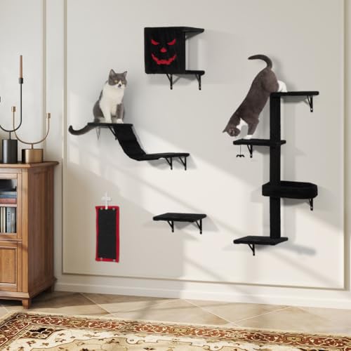 COZIWOW 5Pcs Wall Mount Cat Tree & Shelf Furniture for Cats, Black&Red - color: Red&Black