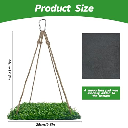Square Artificial Grass Bird Foraging Mat, 10" x 10" Hanging Perch Platform, Bird Cage Accessories for Parakeets, Cockatiels, Budgies, Bearded Dragons & Small Pets