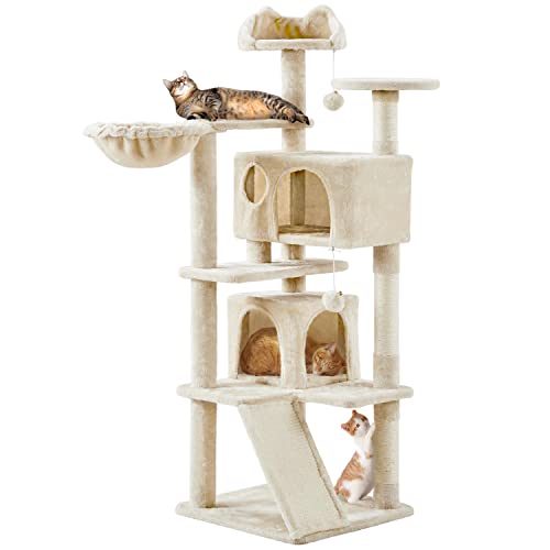 Topeakmart 57 inches Multi-Level Cat Tree Cat Condo with Scratching Posts Kittens Activity Tower Pet Play House Furniture - color: Beige