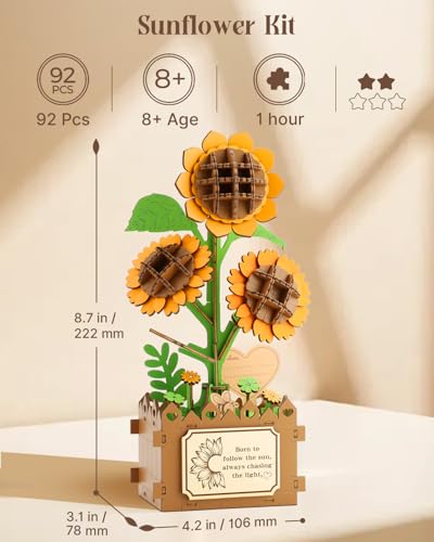 3D Puzzles for Adults, Sunflower DIY Wooden Flowers Building Kit - style: Sunflower