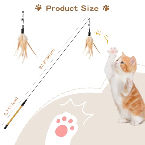 Pawaboo Cat Feather Wand Interactive Toy, 2 Feathers + 1 Wand with Bell - color: A-Brown
