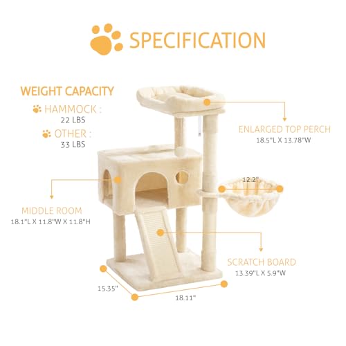 SHA CERLIN Cat Tree 36 Inches Cat Tower with Hammock, Sisal Scratching Post for Indoor Kittens, Small Room, Beige - color: BEIGE