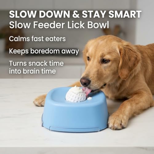 Dog Lick Bowl with Rolling Ball – Slow Feeder Dog Bowl for Liquid Treats, Anti-Slip Suction Base, Interactive Enrichment Bowl for Bone Broth, Yogurt & Wet Food, Anxiety Relief-Blue