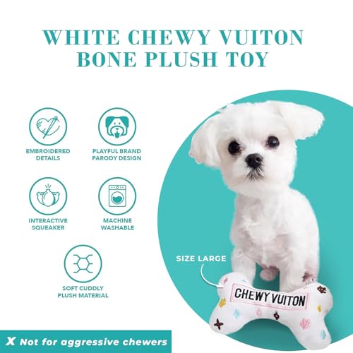 Haute Diggity Dog Chewy Vuiton Bone Plush Dog Toy, Designer Parody Toy - color: White Bone, size: Small